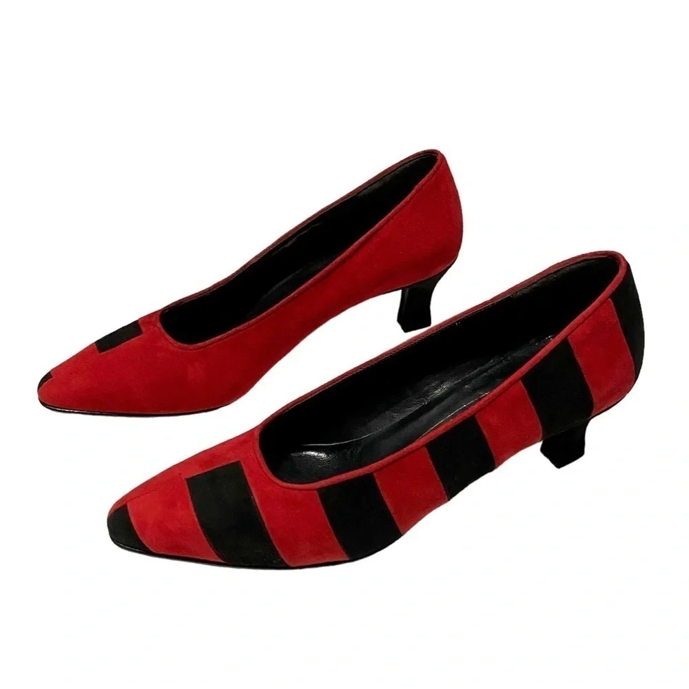Vintage Bruno Magli Italian Black Red Suede Kitten Heel Pumps Shoes Size 7AA Y2K